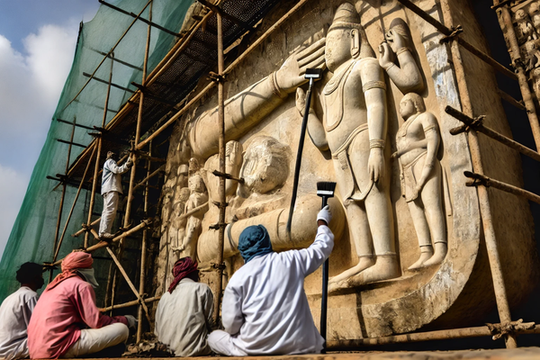 a banner image showing a carved stone image being maintained by a number of workmen