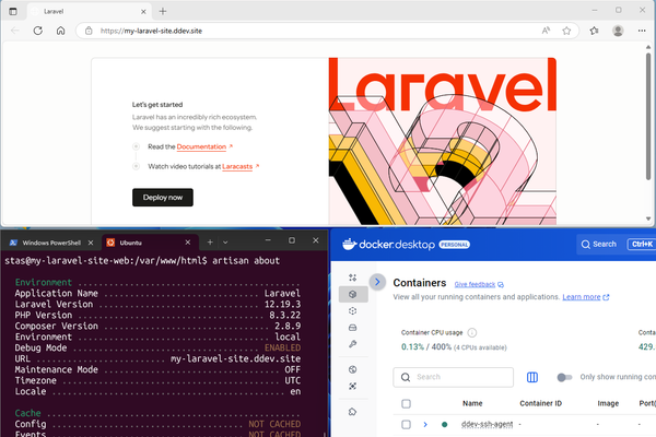 Screenshot showing a DDEV Laravel demo project running on Windows using WSL2 and Docker Desktop.